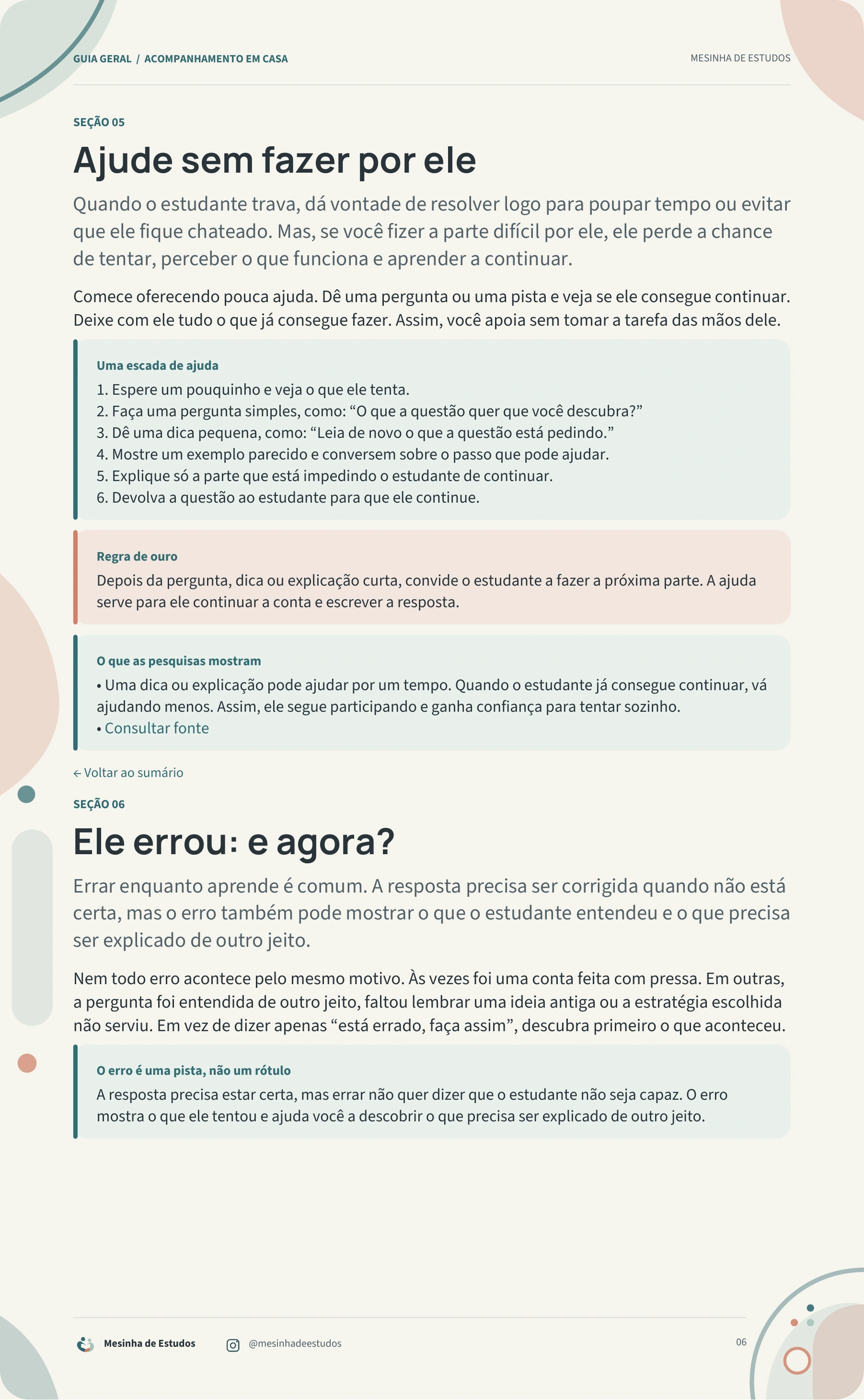 Página do Guia Geral com passos para ajudar a criança sem fazer a tarefa por ela.